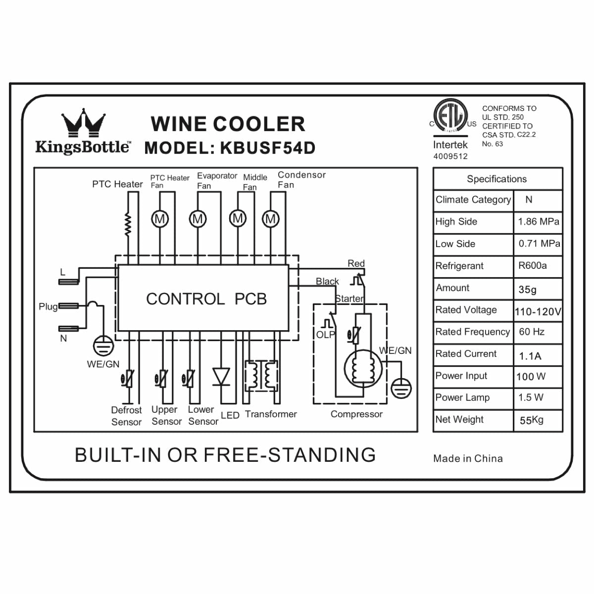 Kings Bottle 24" Dual Zone Built-in Wine Cooler Triple Glassdoor With Two Low-E KBUSF-54D