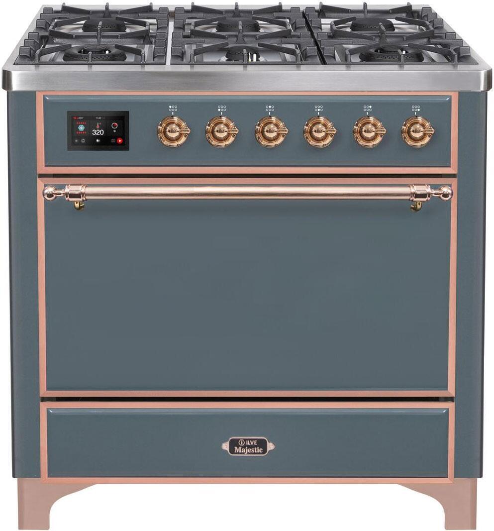 ILVE Majestic 36 Inch Dual Fuel Range Burner Top 6 Burners+Fry Top - UM09FDQNS3