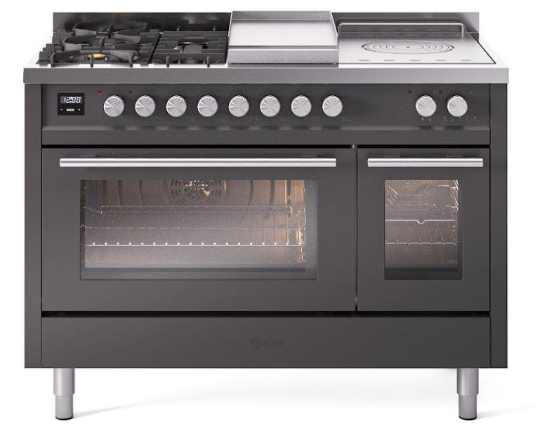 ILVE Professional Plus 48 Inch Dual Fuel Range Burner Top 5 Burners+Fry Top+Coup de Feu UP48FSWMPRALP