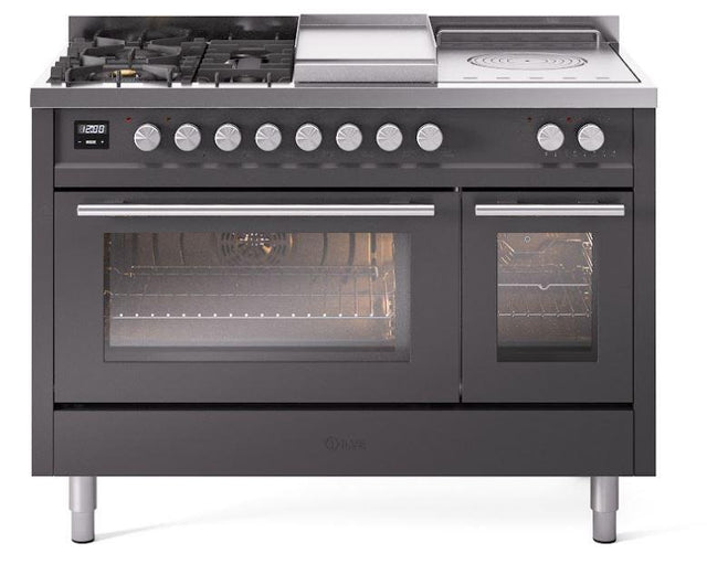 ILVE Professional Plus 48 Inch Dual Fuel Range Burner Top 5 Burners+Fry Top+Coup de Feu UP48FSWMPRALP