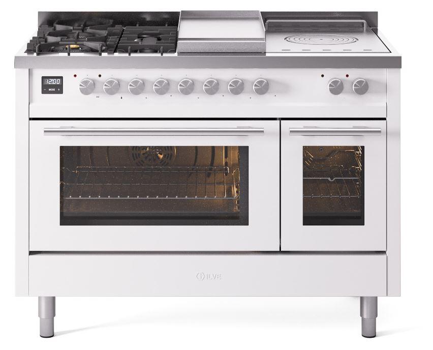 ILVE Professional Plus 48 Inch Dual Fuel Range Burner Top 5 Burners+Fry Top+Coup de Feu UP48FSWMPWHLP