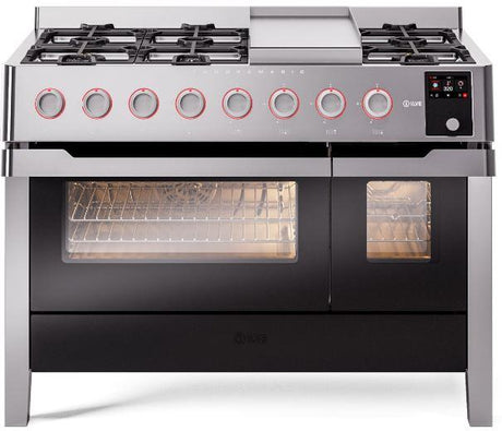 ILVE Panoramagic 48 Inch Dual Fuel Range Burner Top 8 Burners+Fry Top UPM12FDS3SSLP