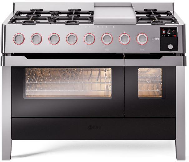 ILVE Panoramagic 48 Inch Dual Fuel Range Burner Top 8 Burners+Fry Top UPM12FDS3SSLP