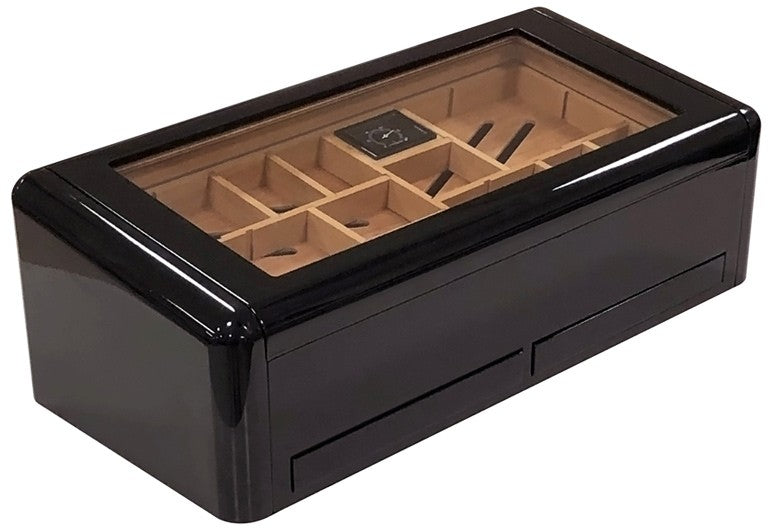 Prestige Imports 150 Ct. Jet Black High Gloss Humidor w/ Slide & Lock Dividers & Storage