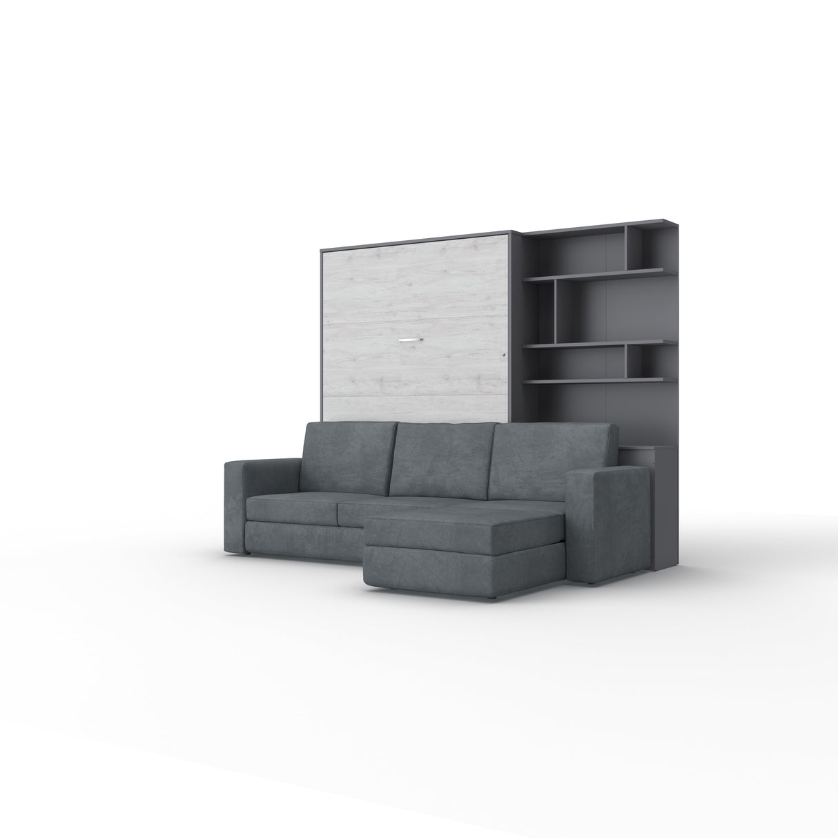 Maxima House Murphy Bed Full XL Vertical with a Sectional Sofa and a Bookcase Invento