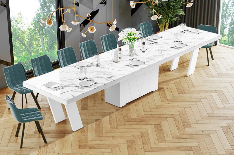 Maxima House Dining Set ALETA 11 pcs. modern glossy marble/ white Dining Table with 4 self-starting leaves plus 10 chairs