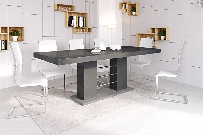 Maxima House Dining Set LISA 7 pcs. gray modern glossy Dining Table with 2 self-storing leaves plus 6 white chairs