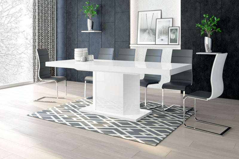 Maxima House Dining Set DIEGO 7 pcs. white modern glossy Dining Table with 2 self-starting leaves plus 6 chairs