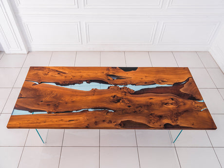 Maxima House Dining Solid Pear Tree Wood Table ART Filled with Polymer Resin with Tempered Glass legs