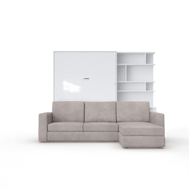 Maxima House Murphy bed INVENTO European Full XL Vertical with a Sectional Sofa and a Bookcase