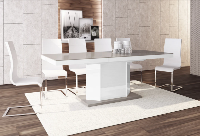 Maxima House Dining Set DIEGO 7 pcs. beige/ white modern glossy Dining Table with 2 self-storing leaves plus 6 white chairs