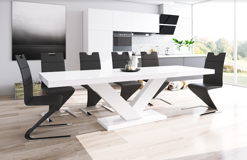 Maxima House Dining Set TORIA 7 pcs. modern white glossy Dining Table with 2 self-starting leaves plus 6 chairs