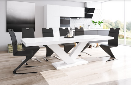 Maxima House Dining Set TORIA 7 pcs. modern white glossy Dining Table with 2 self-starting leaves plus 6 chairs