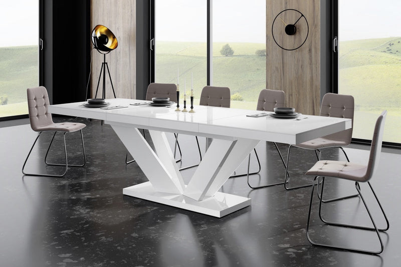 Maxima House Dining Set AVIVA II 7 pcs. modern glossy Dining Table with 2 self-starting leaves plus 6 chairs