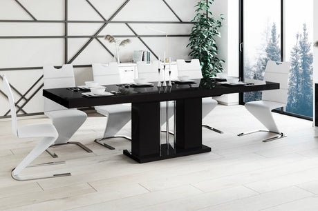 Maxima House Dining Set NOSSA 7 pcs. black modern glossy Dining Table with 2 self-starting leaves plus 6 chairs