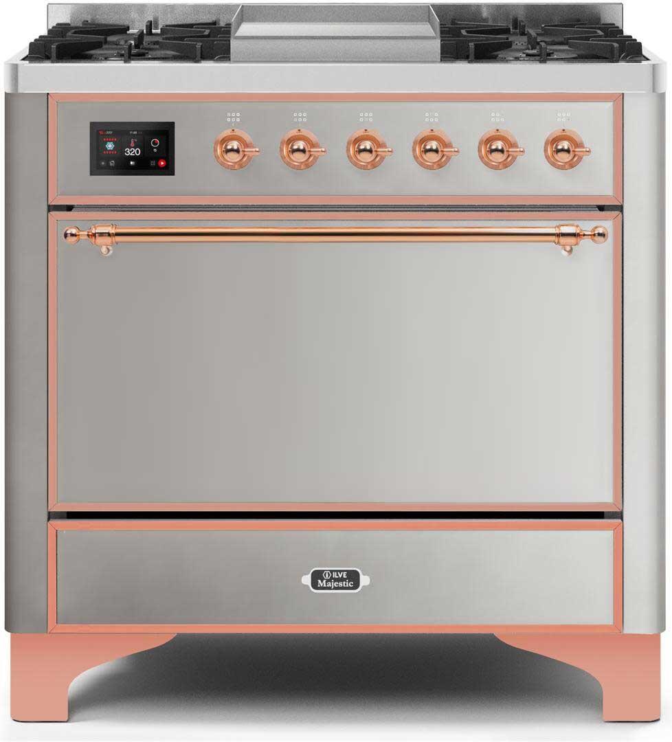 ILVE Majestic 36 Inch Dual Fuel Range Burner Top 6 Burners+Fry Top - UM09FDQNS3