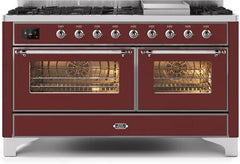 ILVE Majestic II 60 Inch Dual Fuel Range Burner Top 9 Burners+Fry Top UM15FDNS3WHPLP