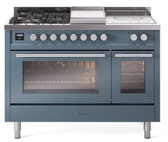 ILVE Professional Plus 48 Inch Dual Fuel Range Burner Top 5 Burners+Fry Top+Coup de Feu UP48FSWMPWHLP