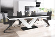 Maxima House Dining Set TORIA 7 pcs. modern black/white glossy Dining Table with 2 self-storing leaves plus 6 black chairs