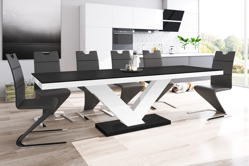 Maxima House Dining Set TORIA 7 pcs. modern black/white glossy Dining Table with 2 self-storing leaves plus 6 black chairs