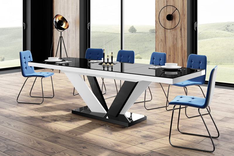 Maxima House Dining Set AVIVA 7 pcs. modern glossy Dining Table with 2 self-starting leaves plus 6 chairs