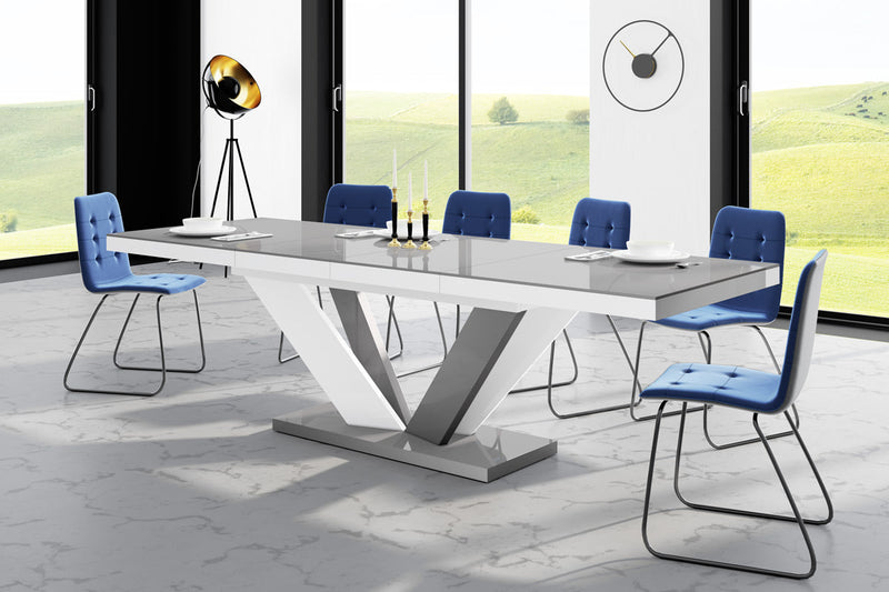 Maxima House Dining Set AVIVA II 7 pcs. gray/ white modern glossy Dining Table with 2 self-starting leaves plus 6 chairs