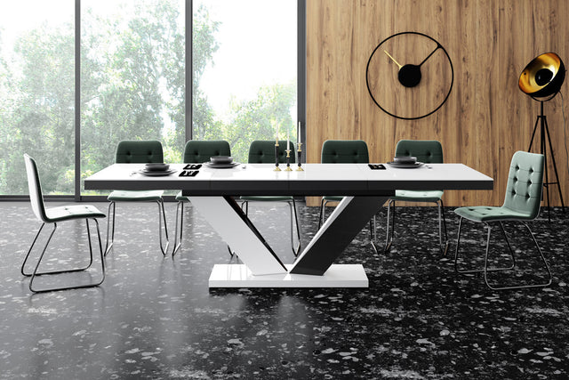 Maxima House Dining Set AVIVA II 7 pcs. white/ black modern glossy Dining Table with 2 self-starting leaves plus 6 chairs
