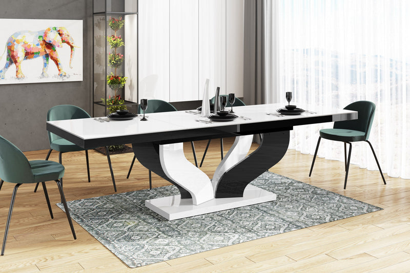 Maxima House Dining Set AVIVA 7 pcs. white/ black modern glossy Dining Table with 2 self-starting leaves plus 6 chairs