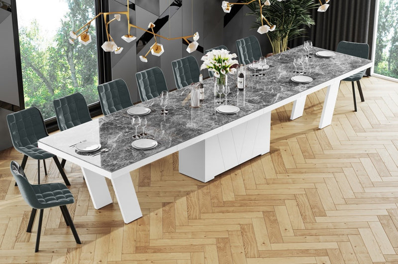 Maxima House Dining Set ALETA 11 pcs. modern glossy Dining Table with 4 self-starting leaves plus 10 chairs