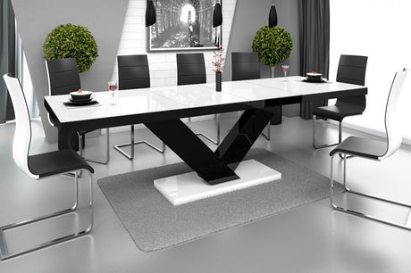 Maxima House Dining Set TORIA 7 pcs. modern white/ black glossy Dining Table with 2 self-storing leaves plus 6 chairs
