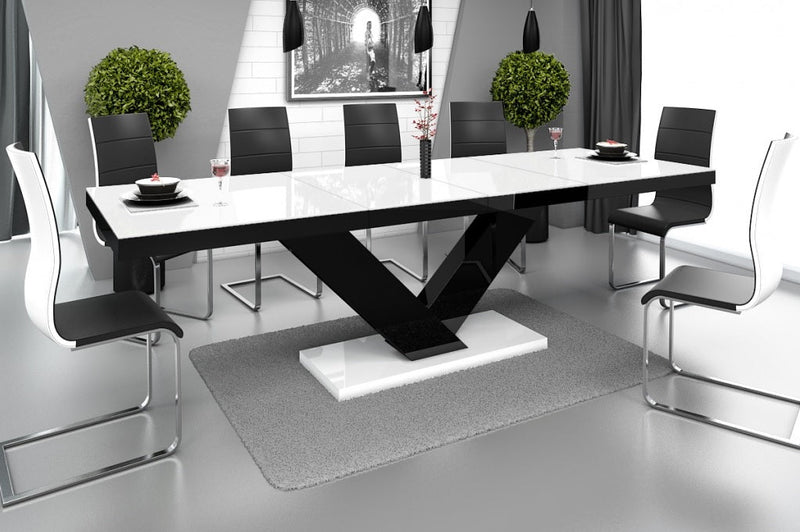 Maxima House Dining Set TORIA 7 pcs. modern white/ black glossy Dining Table with 2 self-storing leaves plus 6 chairs