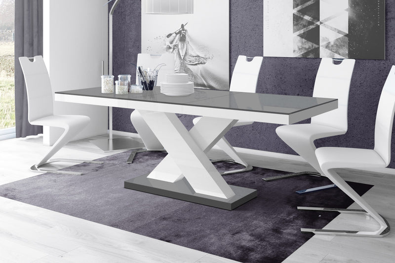 Maxima House DINING SET XENA 7 PCS. GRAY/WHITE MODERN GLOSSY DINING TABLE WITH 2 SELF-STORING LEAVES PLUS 6 WHITE FAUX LEATHER CHAIRS