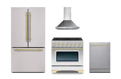 Hallman 4-Pc Kitchen Package With 36" Pro All Gas Range, 36" French Door Refrigerator, 24" Dishwasher and 36" Hood in Stainless Steel With Classico Brass Hardware