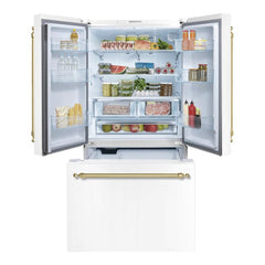 Hallman 36" Freestanding French Door, Counter Depth Refrigerator 14.2 Cu. Ft. with Bottom Freezer 6.1 Cu. Ft. with Automatic Ice Maker with Classico Brass Handles