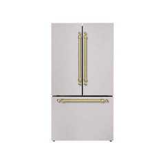 Hallman 4-Pc Kitchen Package With 36" Pro All Gas Range, 36" French Door Refrigerator, 24" Dishwasher and 36" Hood in Stainless Steel With Classico Brass Hardware