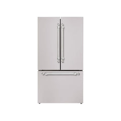 Hallman 36" Freestanding French Door, Counter Depth Refrigerator 14.2 Cu. Ft. with Bottom Freezer 6.1 Cu. Ft. with Automatic Ice Maker with Classico Chrome Handles