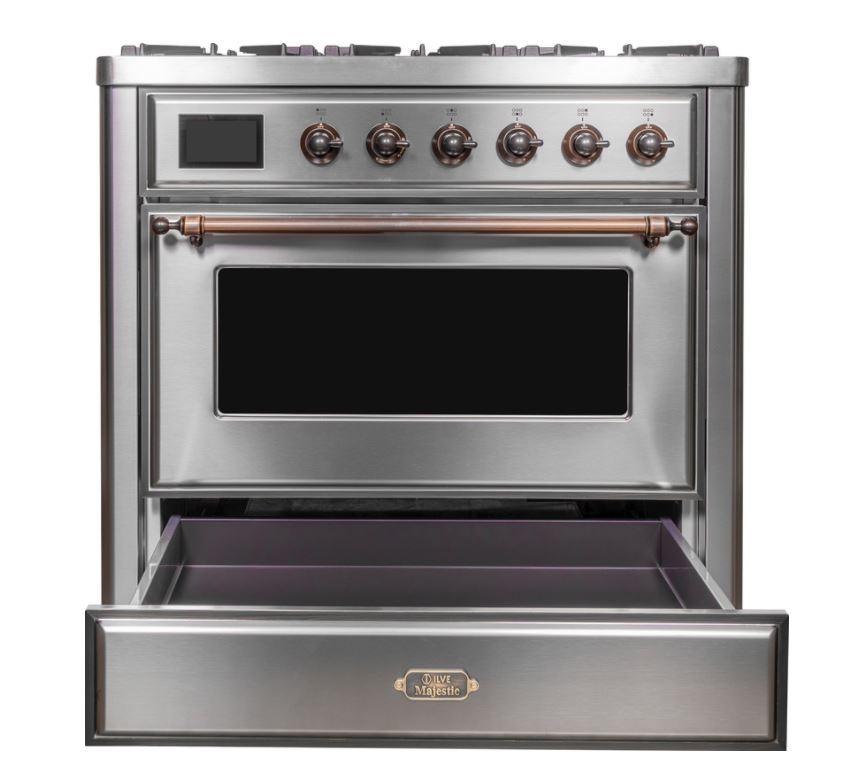 ILVE 36 Inch Majestic II Series Dual Fuel Natural Gas Range with 6 Burners and Griddle with 3.5 cu. ft. Oven Capacity TFT Oven Control Display - UM09FDNS3