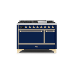 ILVE 48 Inch Majestic II Series Freestanding Dual Fuel Liquid Propane Range with 8 Sealed Brass Non Stick Coated Burners and Griddle (UM12FDQNS3)