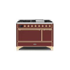 ILVE 48 Inch Majestic II Series Freestanding Dual Fuel Liquid Propane Range with 8 Sealed Brass Non Stick Coated Burners and Griddle (UM12FDQNS3)