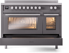 ILVE 48" Professional Plus II Series Freestanding Electric Double Oven Range with 8 Elements, Triple Glass Cool Door, Convection Oven, TFT Oven Control Display and Child Lock UPI486WMP