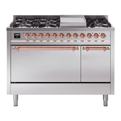ILVE Nostalgie II 48" Dual Fuel Range with 8 Sealed Burners + Griddle Solid Door UP48FQNMP