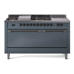 ILVE Nostalgie II 60" Dual Fuel Range with 7 Sealed Burners + Griddle + French Top Solid Door UP60FSQNMP