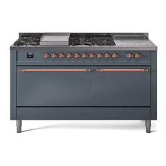 ILVE Nostalgie II 60" Dual Fuel Range with 7 Sealed Burners + Griddle + French Top Solid Door UP60FSQNMP