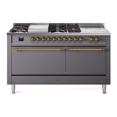 ILVE Nostalgie II 60" Dual Fuel Range with 7 Sealed Burners + Griddle + French Top Solid Door UP60FSQNMP