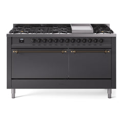 ILVE Nostalgie II Noblesse 60″ Dual Fuel Freestanding Range 9 Sealed Burners + Griddle with Solid Door UN60FQNMP