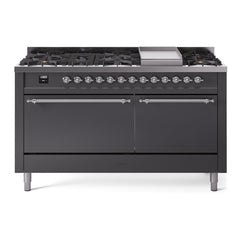 ILVE Nostalgie II Noblesse 60″ Dual Fuel Freestanding Range 9 Sealed Burners + Griddle with Solid Door UN60FQNMP