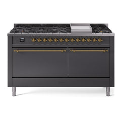 ILVE Nostalgie II Noblesse 60″ Dual Fuel Freestanding Range 9 Sealed Burners + Griddle with Solid Door UN60FQNMP