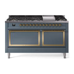 ILVE Nostalgie II Noblesse 60″ Dual Fuel Freestanding Range 9 Sealed Burners + Griddle with Solid Door UN60FQNMP