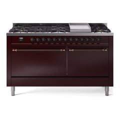 ILVE Nostalgie II Noblesse 60″ Dual Fuel Freestanding Range 9 Sealed Burners + Griddle with Solid Door UN60FQNMP