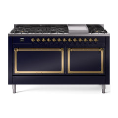 ILVE Nostalgie II Noblesse 60″ Dual Fuel Freestanding Range 9 Sealed Burners + Griddle with Solid Door UN60FQNMP